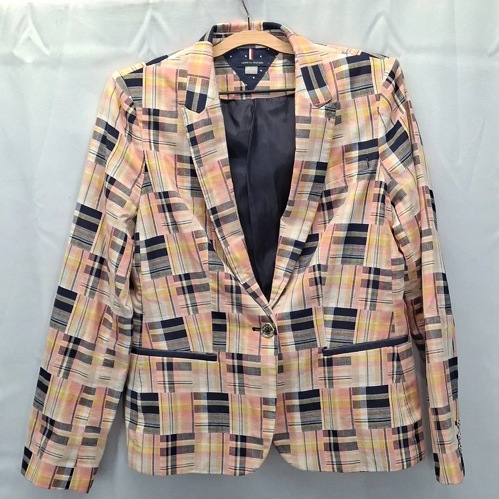 Sold! Tommy Hilfiger Mixed Madras Plaid Blazer Jacket Multicolor 12 NWOT - Picture 2 of 13